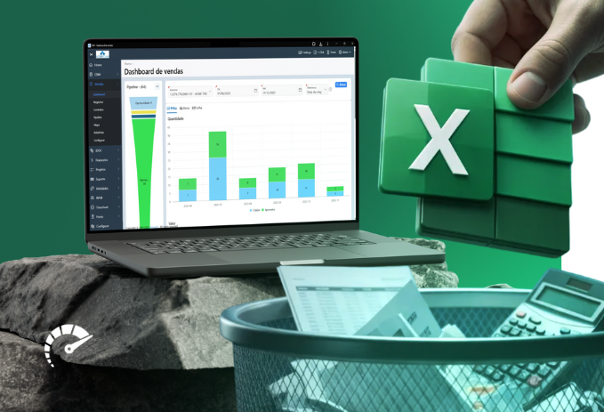Planilha no Excel sendo descartada como gargalo na gestão financeira por projeto com dashboard de controle no notebook.