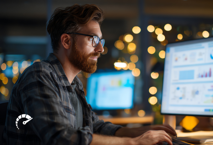 Profissional analisando sistema durante implantação de ERP para empresas de serviços com painel de gestão e indicadores financeiros.