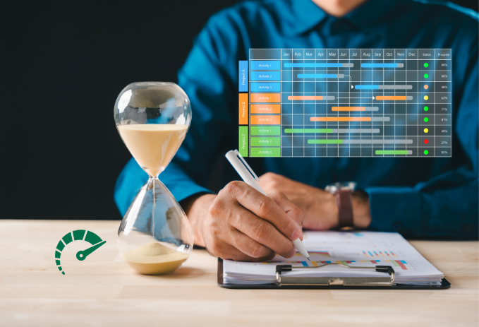 Profissional analisando cronograma de gestão de projetos com base no PMBOK e estrutura de PMO segundo o PMI.